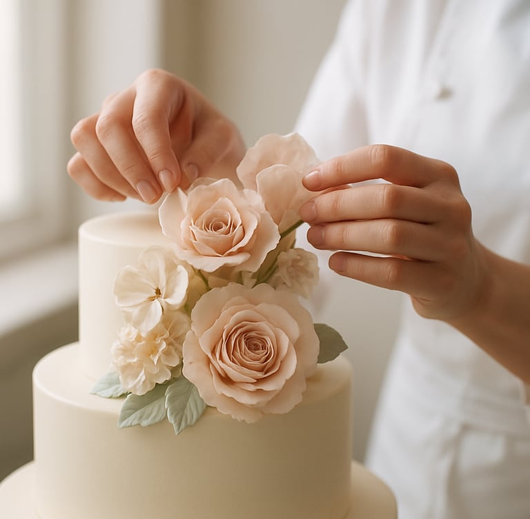 Close-up of a pastry chef's hands delicately decorating a wedding cake with intricate sugar flowers, soft natural light from a window, muted pastel tones, shallow depth of field, 35mm