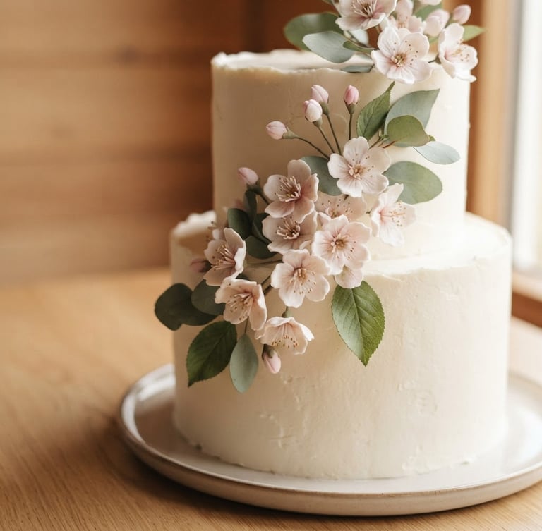 Um bolo de casamento elegante e minimalista decorado com flores de cerejeira comestíveis e folhas verdes-sálvia, em um fundo de madeira clara, iluminação natural suave, foco no detalhe das flores.