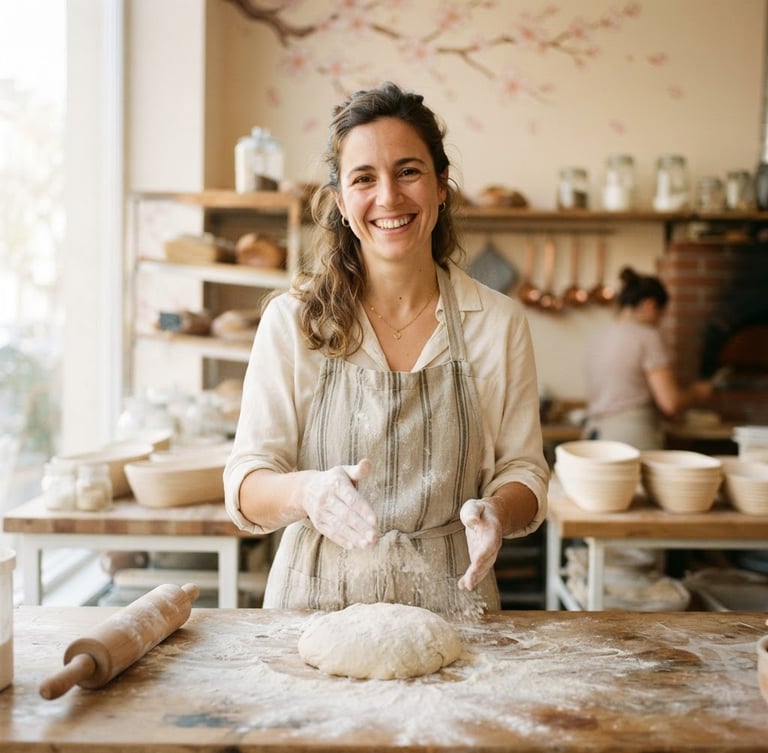 Portrait of Ana, the baker, smiling warmly in her sunlit artisanal bakery kitchen, hands gently dusting flour on a wooden counter, with subtle sakura blossom illustrations in the background, soft natural window light, muted pastel tones, shallow depth of field, 35mm.