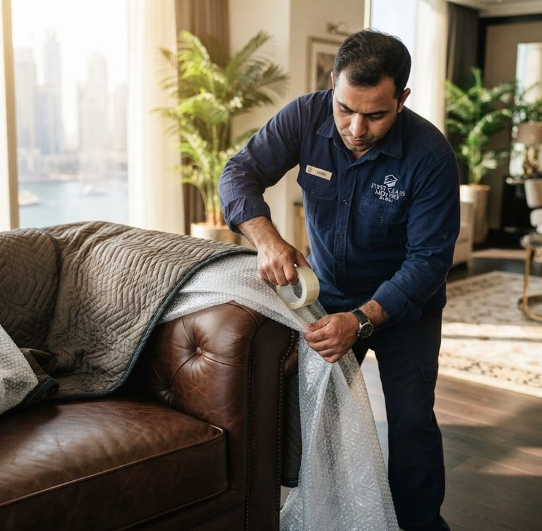 A close-up photograph of a uniformed professional mover in a deep navy shirt, meticulously wrapping a luxury Italian leather sofa with thick protective layers under bright, warm Dubai sunlight in an upscale apartment.