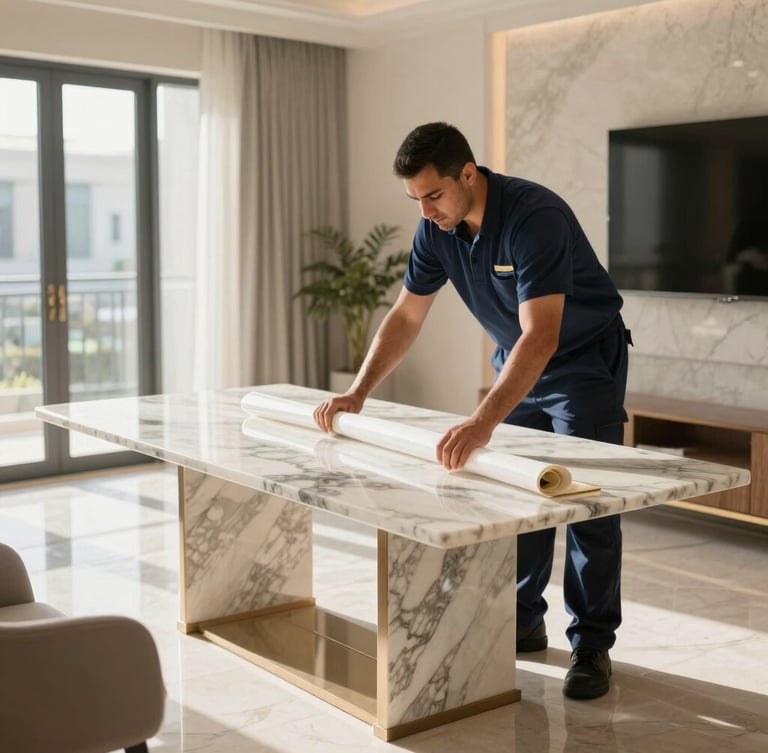 A professional moving specialist in a clean navy uniform carefully wrapping a high-value marble tabletop with protective materials inside an upscale Dubai residence, bright natural sunlight.