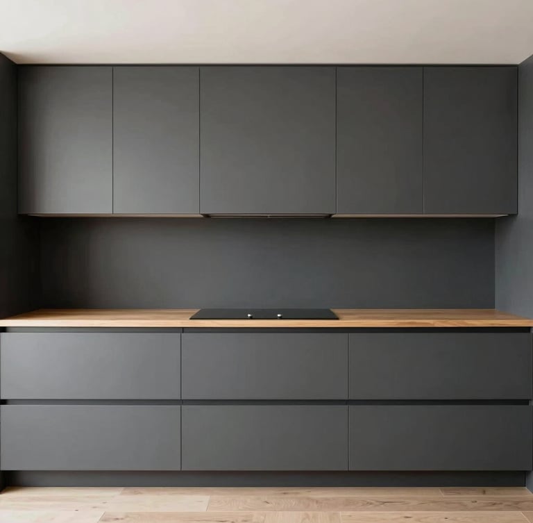 Symmetrical straight-on architectural photograph of a minimalist handle-less kitchen, matte charcoal cabinetry, warm oak accents, soft diffused daylight, 35mm