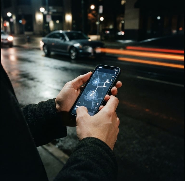 Close-up of hands holding a smartphone displaying a high-fidelity tracking app interface with a map, a modern car parked on a wet urban street at night with glowing orange light trails in the background, dramatic low-key lighting, 35mm