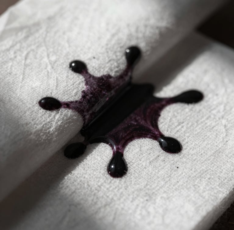 Extreme close-up of dark ink bleeding into heavy white cotton paper, high-contrast directional light, deep chiaroscuro shadows, capturing raw medium texture.