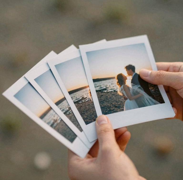 Intimate warm editorial photograph of hands holding a set of printed photos, soft golden hour daylight, shallow depth of field, 35mm film aesthetic