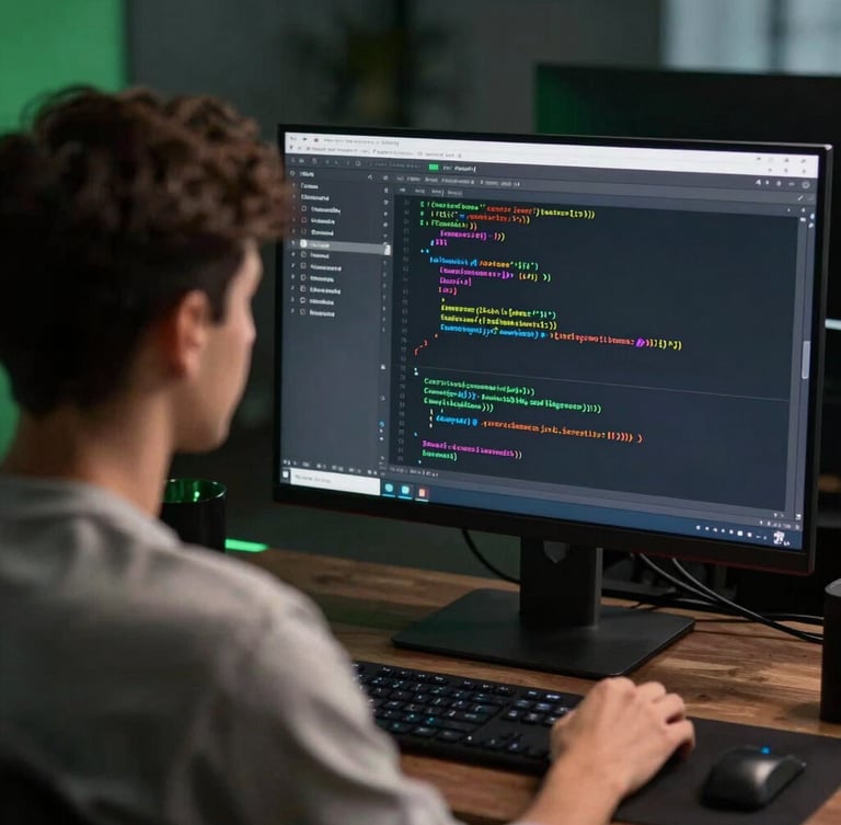 Tight over-the-shoulder view of an e-commerce engineer analyzing code and Stripe conversion metrics on a high-resolution screen, dark studio atmosphere, sharp green accents.