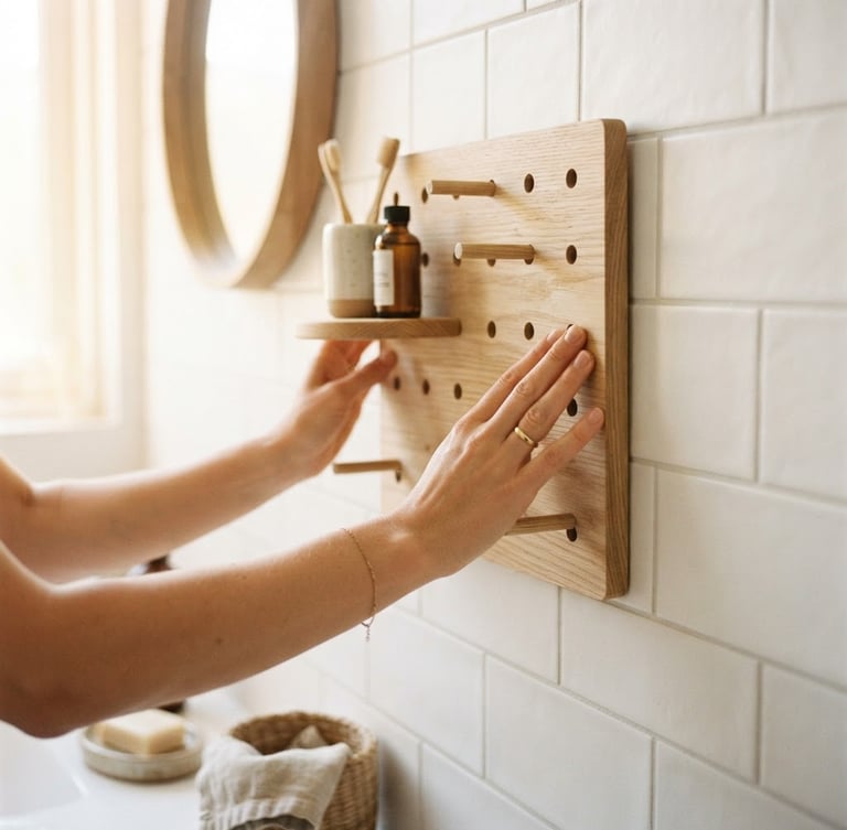 bright lifestyle photography, soft morning daylight, hands effortlessly pressing the Japandi-style wooden pegboard onto a clean white bathroom tile wall, 50mm lens, warm neutral tones