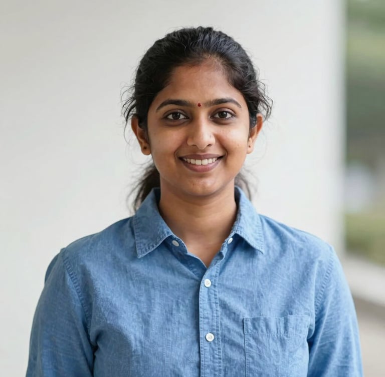 Professional friendly headshot of Gowshika, clean tech photography, bright neutral daylight, crisp blue and white tones, shallow depth of field, 50mm
