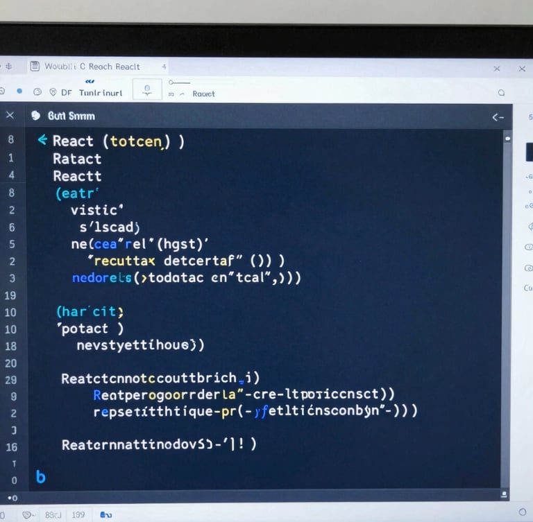 Close-up of clean code editor displaying structured React and Python scripts, sharp focus on syntax highlighting, cool blue and crisp white lighting, studio atmosphere
