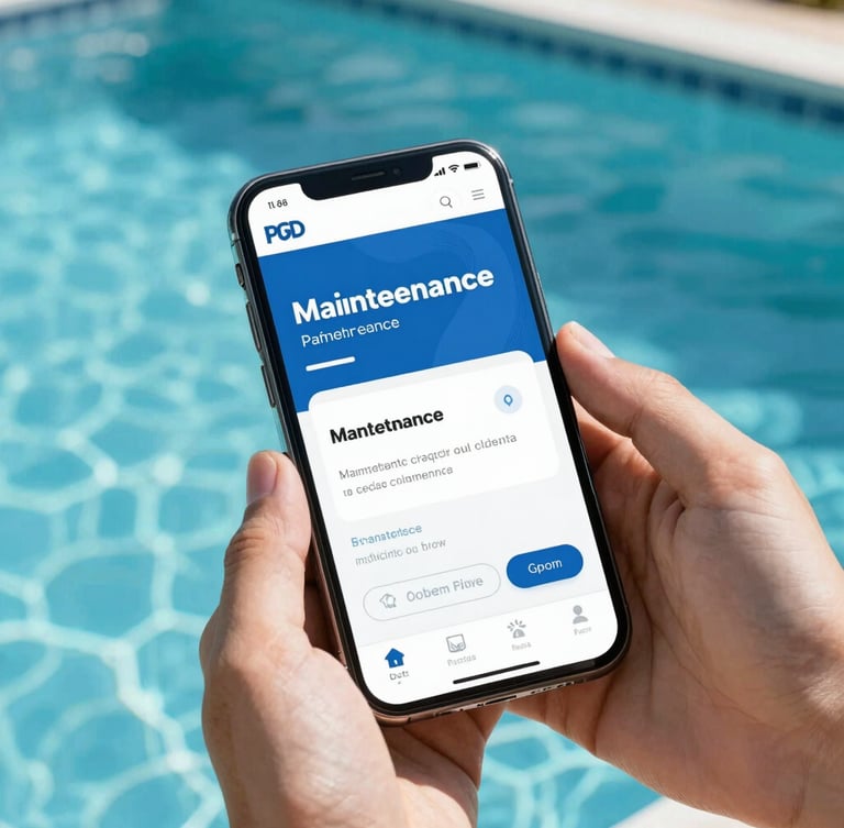 Clean smartphone mockup displaying professional pool maintenance PDF report, hands of a technician holding the phone, bright midday sunlight, clear turquoise pool water in background