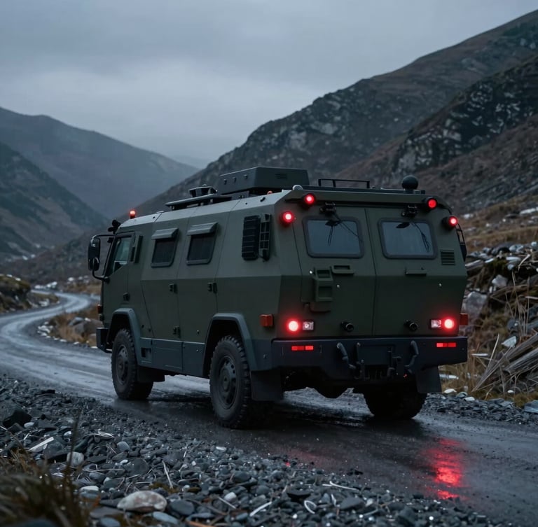 Cinematic wide shot of a low-profile armored transport vehicle moving through a remote mountain pass at dusk, cool desaturated tones, tactical red tail-lights reflecting on wet gravel.
