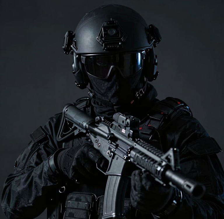 Low-key dramatic portrait of a focused tactical operator in non-identifiable gear, deep shadows, cool desaturated tones, sharp details, 35mm lens.