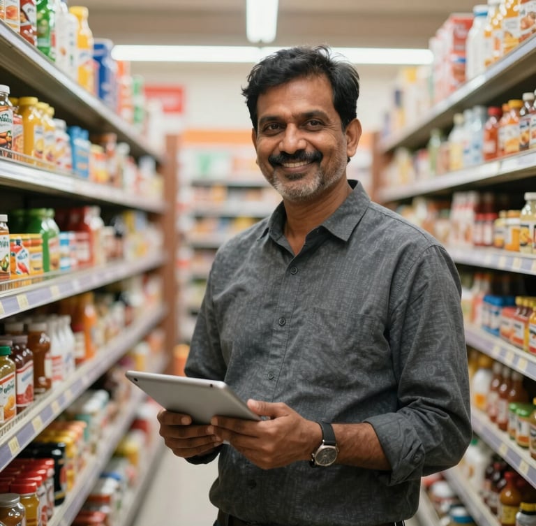 A medium portrait shot of a smiling Indian grocery store owner standing proudly in a brightly lit retail aisle, holding a digital tablet, shelves fully stocked with colorful goods in soft focus behind him.