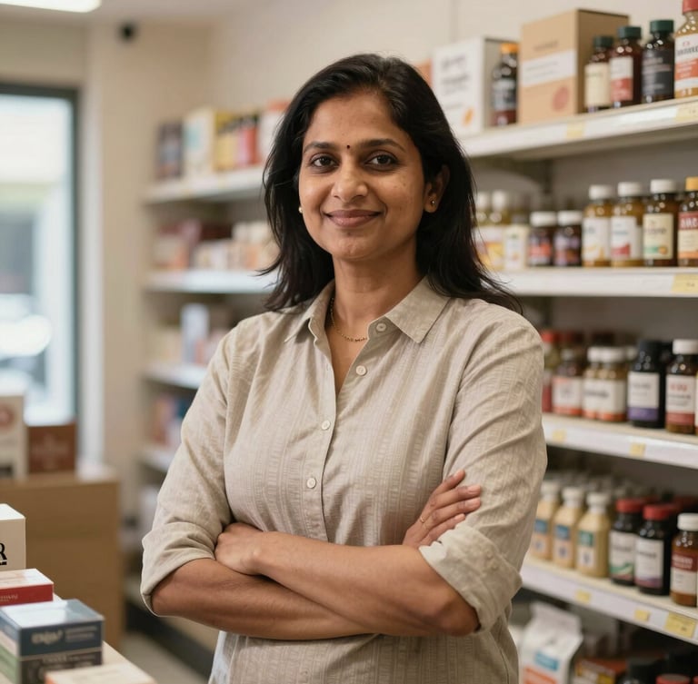 A medium portrait of a confident Indian retail store owner standing in his brightly lit, organized shop, smiling, natural daylight.
