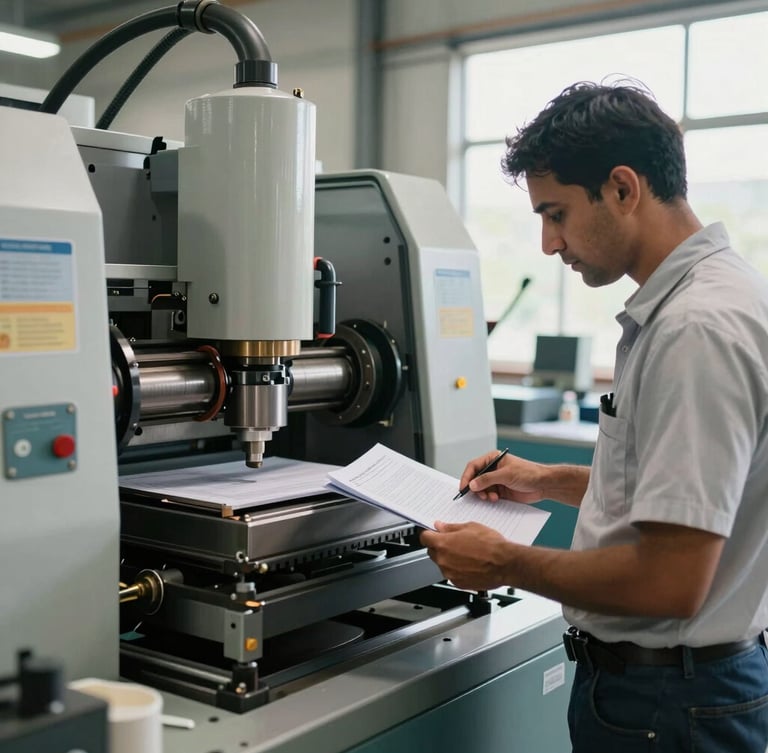 A medium shot of an active Indian plastics factory floor, bright natural daylight, a focused supervisor analyzing a production log next to high-precision molding machinery.