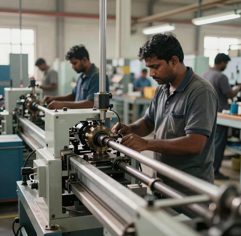Medium shot of an active Indian manufacturing floor, bright natural daylight, structured steel machinery, focused workers in the background, sharp composition emphasizing operational flow
