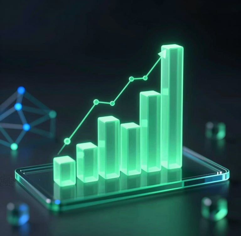 Macro 3D render of glowing neon green charts and volumetric data bars rising from a dark glass surface, dark ambient studio lighting