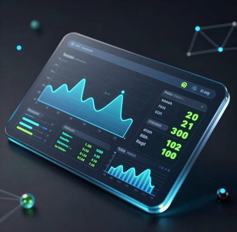 Sleek 3D render of a dark glassmorphic analytics dashboard, glowing electric blue charts and neon green metrics, macro lens focus, dark studio background.