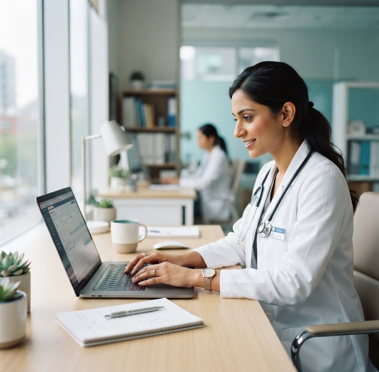 A bright office setting where a doctor in a white coat works smoothly on a fast laptop, natural window light, clean desk, professional 35mm photography