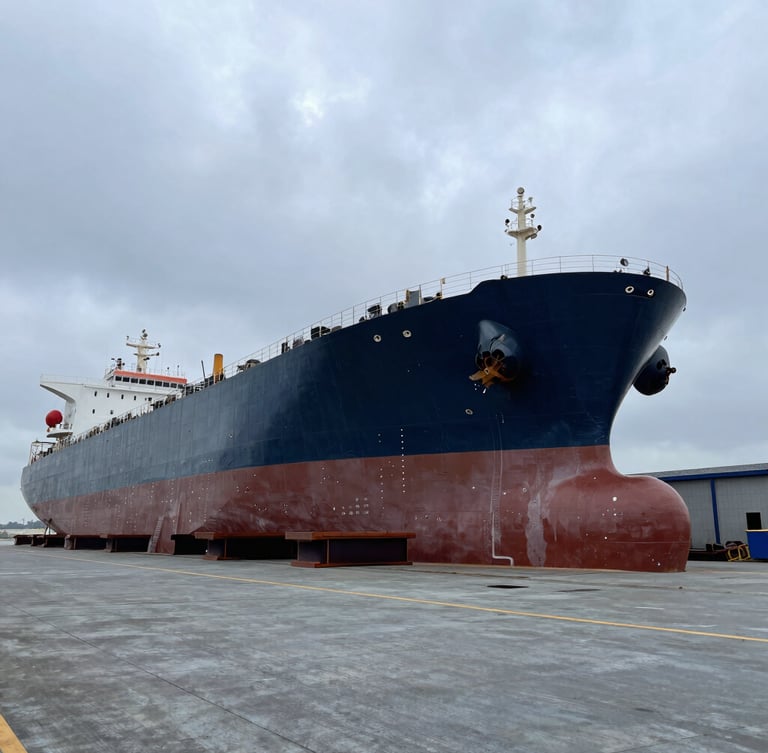 Wide-angle industrial shot of a massive commercial tanker hull resting on keel blocks inside a dry dock, dramatic overcast sky, cool slate and deep navy tones.