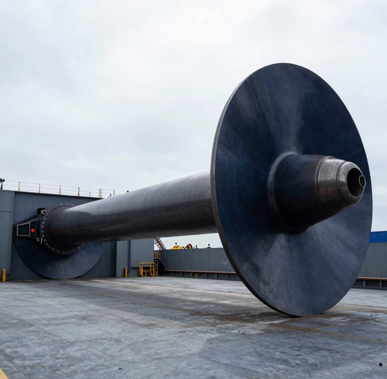 Wide-angle, high-contrast industrial shot of a massive container ship steel propeller shaft inside a dry dock, cool slate and deep navy tones, sharp industrial photography