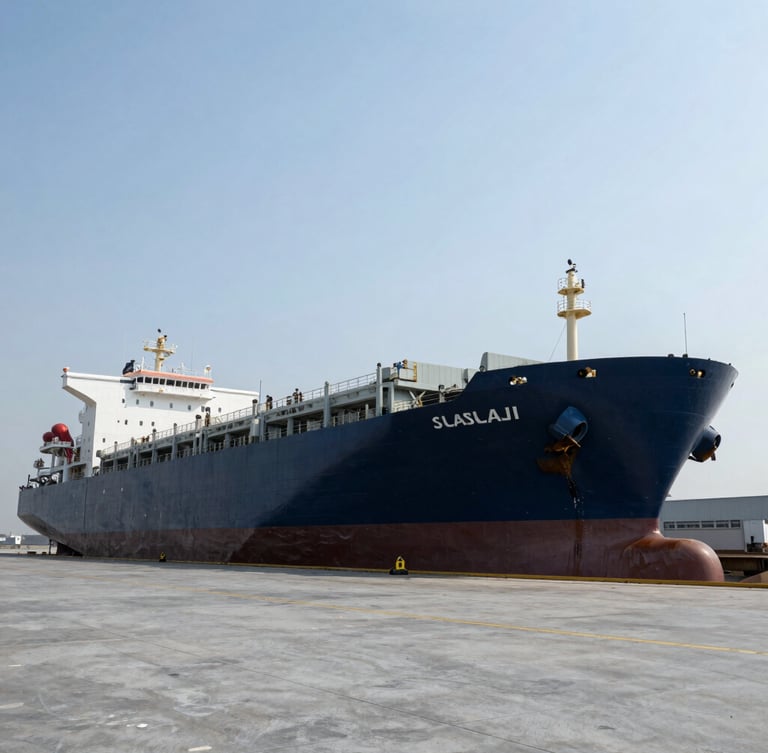 Wide-angle environmental shot of a massive commercial cargo vessel in dry dock, high-contrast industrial daylight, cool slate and deep navy tones.