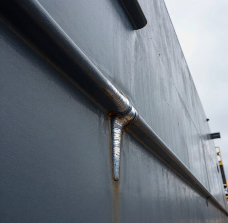 Extreme close-up of structural steel welds on a ship hull, high-contrast industrial daylight showing the precise weld texture and cool slate gray metal tones.