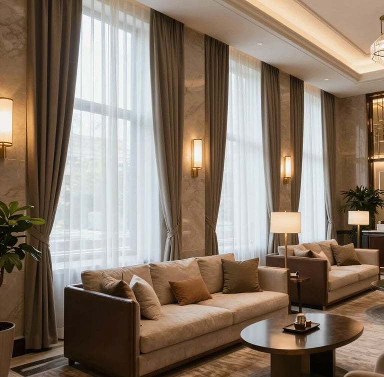 Vertical crop of a heavy ecru linen curtain drape kissing a light stone floor, natural side-light highlighting the rich textile weave and perfect pleats.