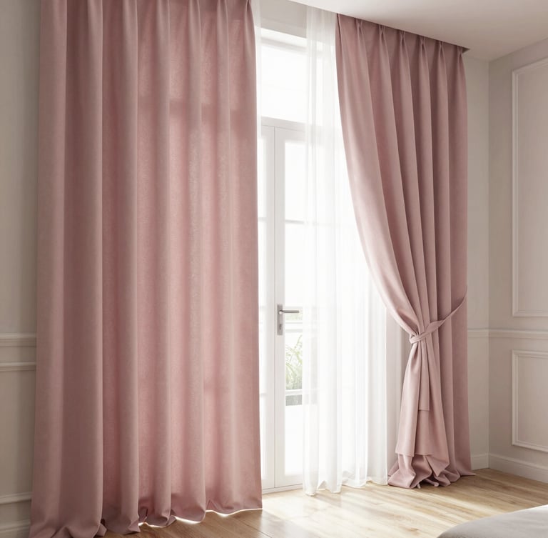 Extreme close-up of heavy linen curtain pleats hanging perfectly, natural directional side-light highlighting the rich weave texture, warm stone tones, architectural crop.