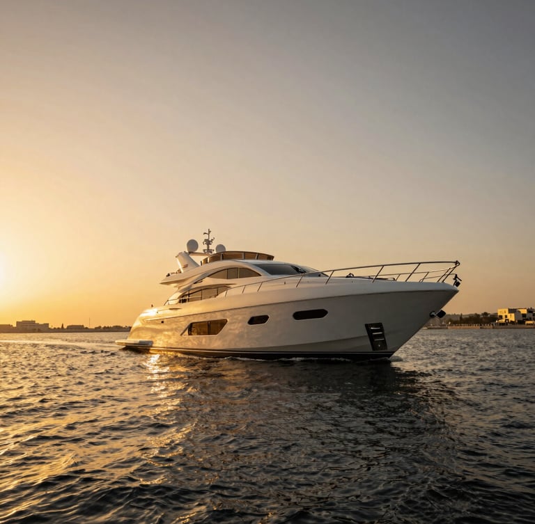 Low-angle cinematic shot of a luxury yacht cruising off Dubai Marina at golden hour, deep golden light reflecting on obsidian water, wide-angle lens, editorial style.