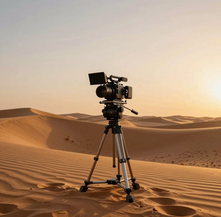 An editorial portrait of a camera setup on a high-end film set in the Dubai desert, golden sand dunes in the background under warm twilight sky.