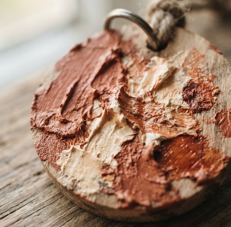 Macro close-up of thick physical paint textures on a small wooden keychain, natural side-lit window daylight, rich terracotta and cream tones