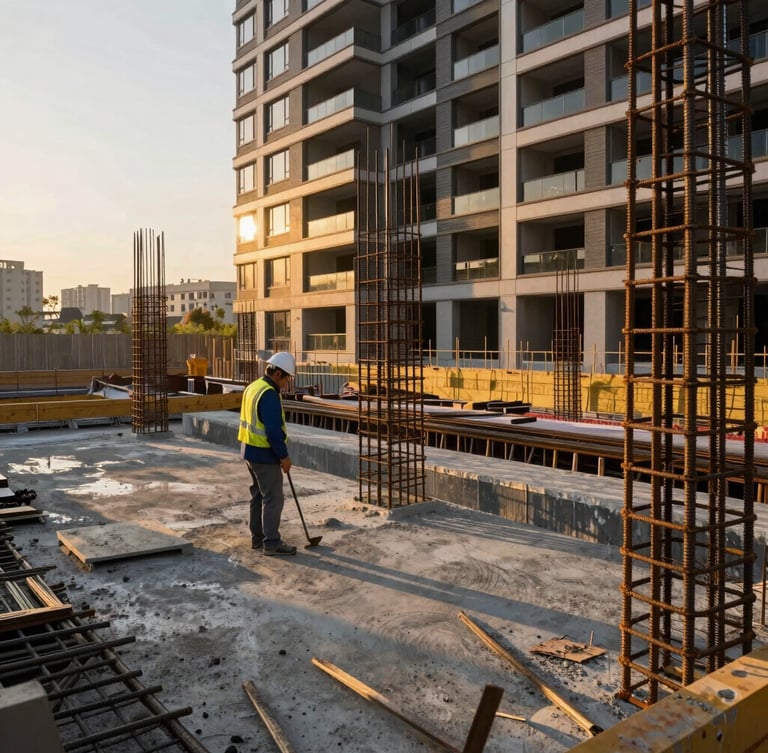 A professional civil engineer supervising a concrete pour at a modern luxury residential construction site, dramatic golden-hour sunlight, focus on steel reinforcement