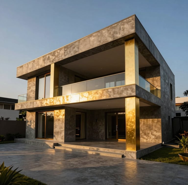 Dramatic golden-hour architectural photograph of a modern luxury villa in India, concrete and gold metal accents, deep shadows, wide-angle lens