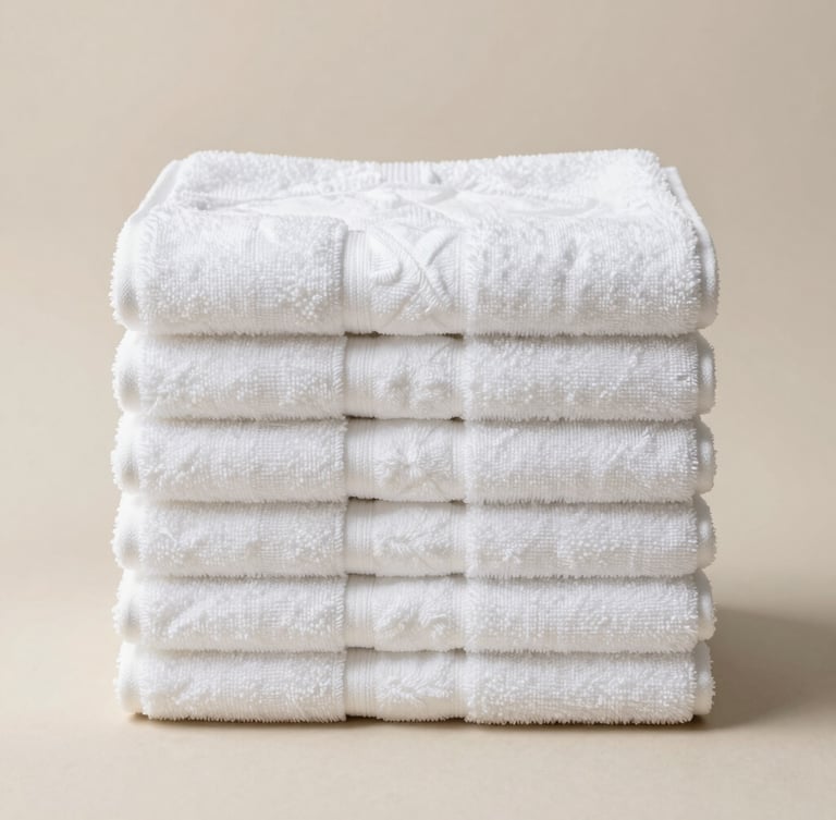 A clean, unbranded stack of white towels on a neutral background, soft studio lighting, centered, sharp focus, 50mm lens