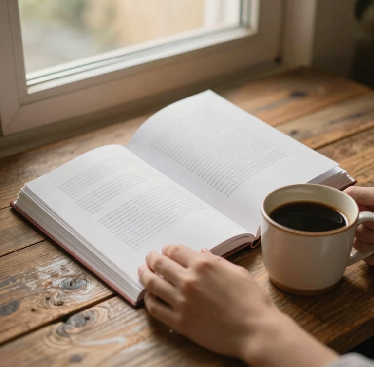 Close-up of hands holding a printed draft book next to a warm ceramic mug of black coffee on a rustic wooden table, soft window light, warm editorial photography.