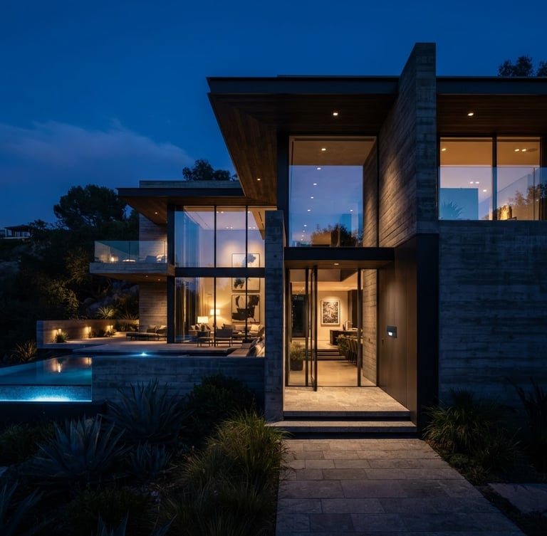 Premium architectural photography of a modern luxury concrete villa at twilight, low-key dramatic lighting, sharp focus, 35mm, with a sleek, matte black outdoor motion sensor integrated invisibly into the facade.