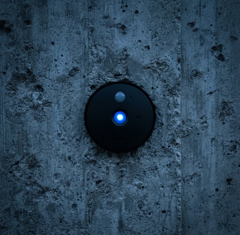 Macro photograph of a matte black security sensor seamlessly embedded in a raw concrete wall, twilight blue hour lighting, sharp focus, electric blue status indicator, 35mm
