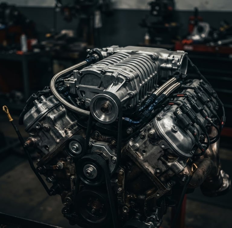 Close-up dramatic automotive photography of a supercharged V8 engine block, metallic highlights, deep shadows, professional workshop setting, 50mm lens