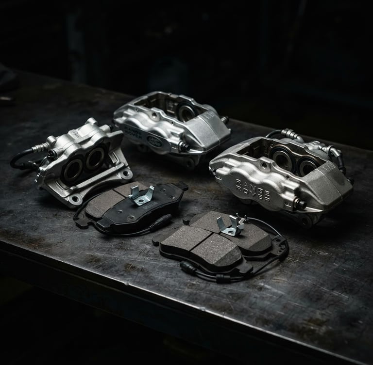 Pristine genuine Range Rover OEM brake pads and metallic calipers neatly arranged on a clean dark surface, low-key dramatic studio lighting with sharp metallic highlights, dark moody automotive photography style.