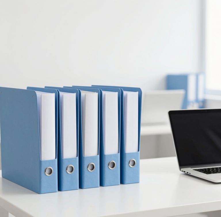 Bright professional photography, clean high-key office lighting, a modern digital workspace with organized document folders and a laptop on a white desk, subtle blue accents