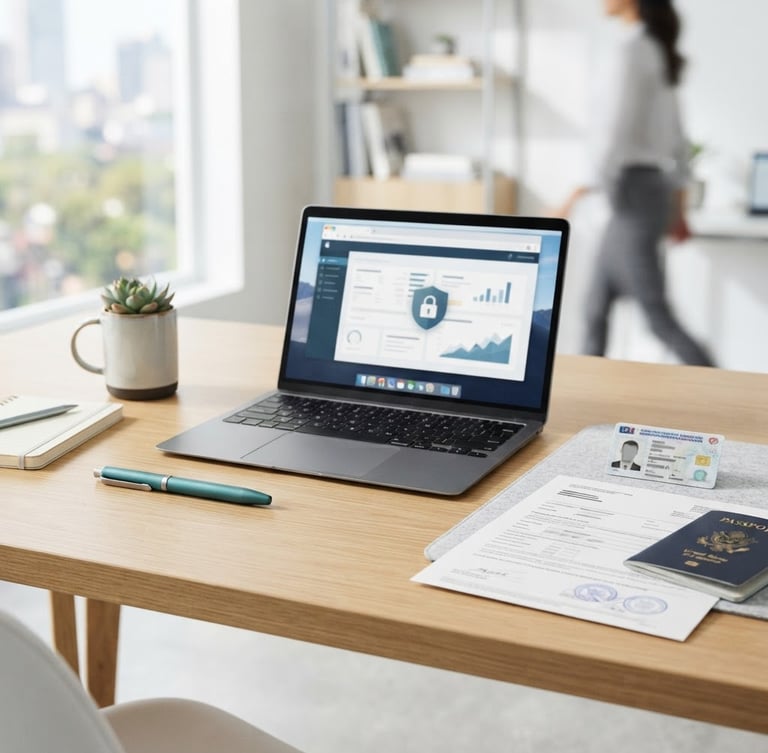 Bright professional photography of a clean modern desk with official identity documents, a laptop displaying a secure portal, and a teal pen, natural daylight