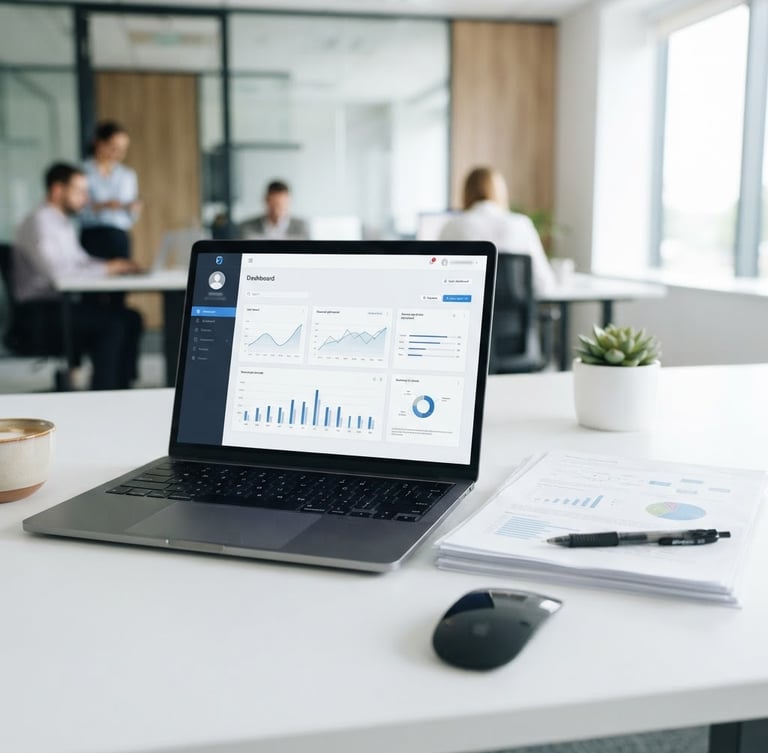 Bright professional photography, clean high-key office lighting, a modern digital workspace with a laptop displaying a secure application portal and crisp printed documents nearby.