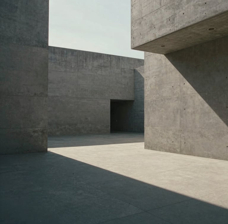 Wide cinematic film still of minimalist concrete architecture, harsh sunlight casting long geometric shadows, muted editorial tones, sharp focus, anamorphic look