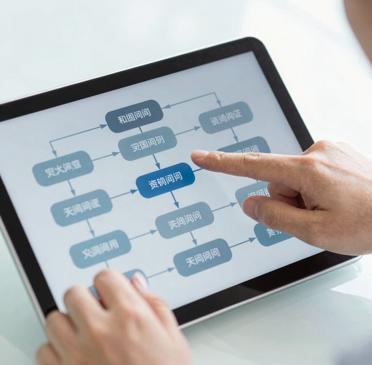 Close-up of a professional consultant's hands pointing at a structured operational flow chart on a digital tablet, bright natural daylight, clean slate blue tones.