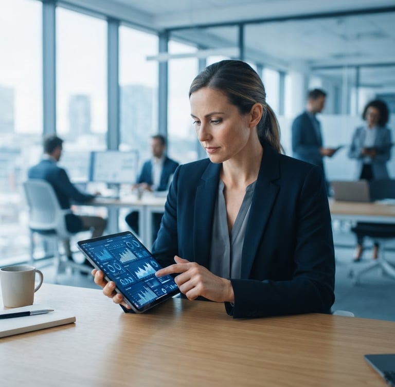 A professional consultant analyzing data on a tablet in a bright, modern commercial office environment, cool blue tones, sharp focus.