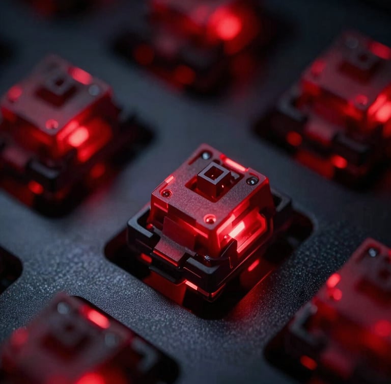 Extreme close-up of a high-end mechanical keyboard switch, glowing red LED backlight reflecting on brushed aluminum plate, moody dark-mode tech photography, sharp macro details