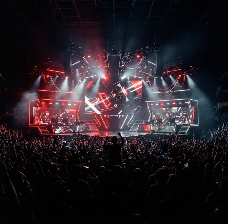 Dramatic wide-angle shot of a massive e-sports tournament stage, illuminated by intense crimson red and cool white neon spotlights, packed arena crowd silhouetted in the foreground, sharp focus, 35mm lens