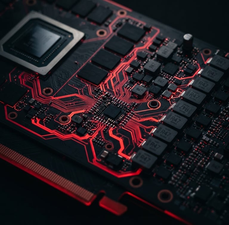 Macro shot of a high-end graphics card PCB, glowing red LED traces on black circuit board, sharp solder points, low-key dramatic backlighting
