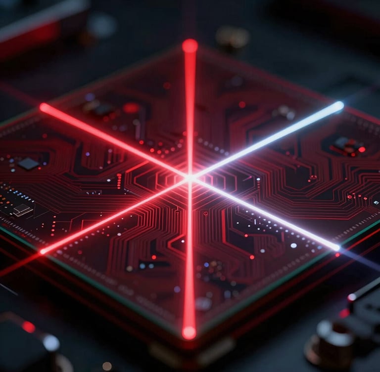 Macro shot of a silicon wafer under cleanroom lighting, reflections of deep red and cool white laser beams, sharp details of micro-circuits, 35mm lens